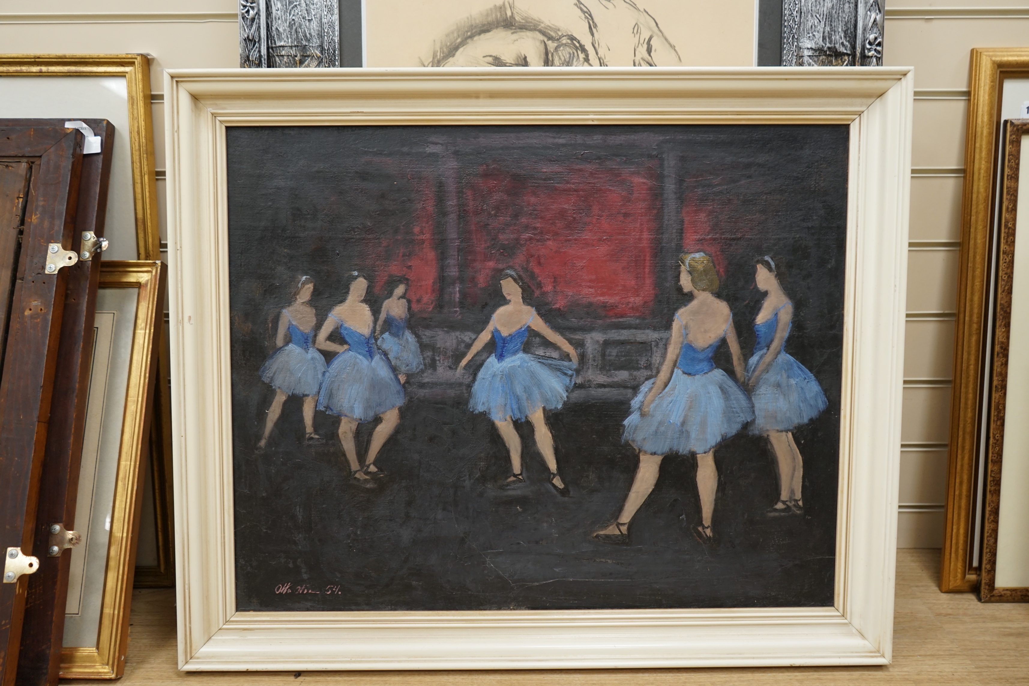 Otto Olsen (1905-1966), oil on canvas, Study of ballet dancers, signed and dated '54, 59 x 74cm